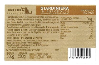 Etichetta Giardiniera con valori nutrizionali prodotto da Redoro Frantoi Veneti.