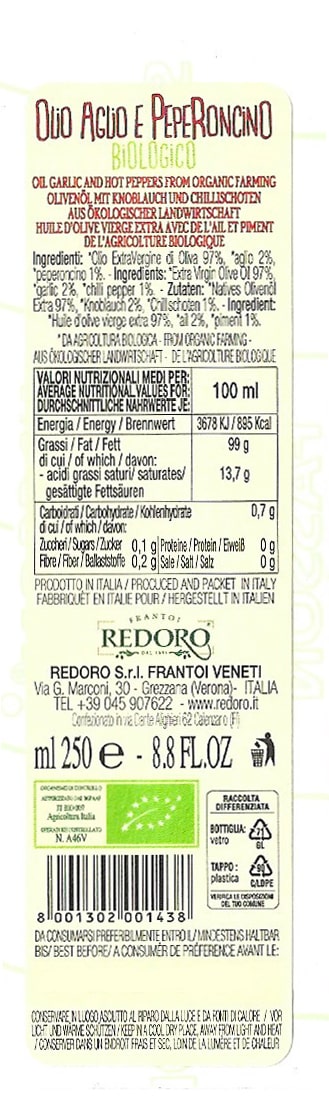Etichetta e valori nutrizionali per infusione di Aglio e Peperoncino in olio extravergine di oliva