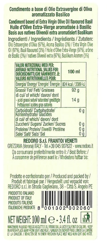 Etichetta con valori nutrizionali 100ml olio aromatizzato al basilico