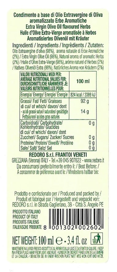 Etichetta con valori nutrizionali olio aromatizzato alle erbe aromatiche