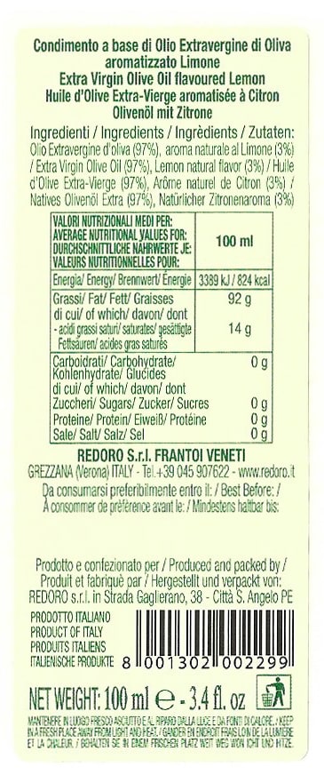 Retro Etichetta con valori nutrizionali per olio extravergine di oliva aromatizzato al Limone