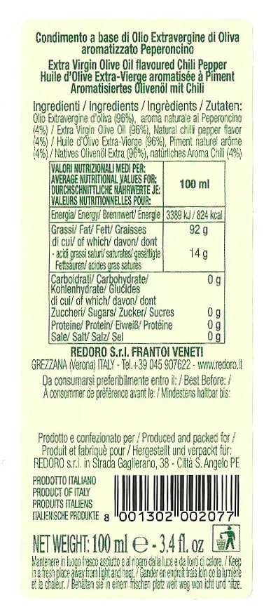 Etichetta e valori nutrizionali olio aromatizzato al Peperoncino