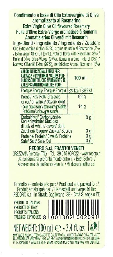 Etichetta con valori nutrizionali olio aromatizzato al Rosmarino