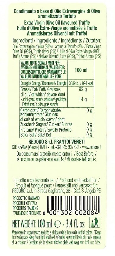 Etichetta e valori nutrizionali olio extravergine aromatizzato al tartufo