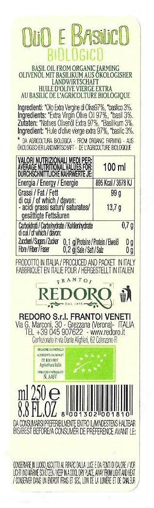 Etichetta e valori nutrizionali di Olio e Basilico di Redoro Frantoi Veneti