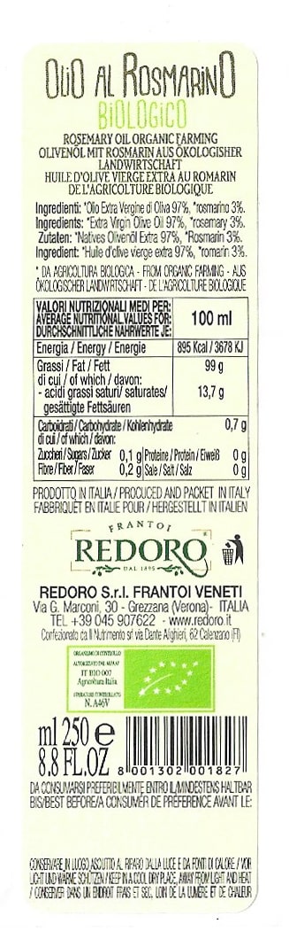 etro etichetta e valori nutrizionali Olio al Rosmarino di Redoro Frantoi Veneti