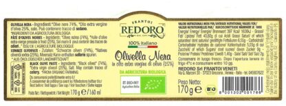 retro etichetta con valori nutrizionali e ingredienti Olivella Nera prodotto biologico