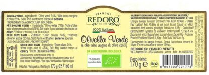 retro etichetta con valori nutrizionali e ingredienti Olivella Verde prodotto biologico