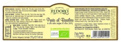 retro etichetta con valori nutrizionali e ingredienti pesto biologico al basilico