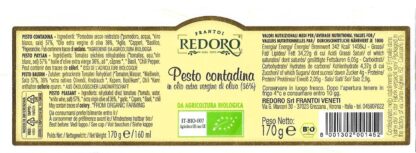 retro etichetta con valori nutrizionali e ingredienti Pesto Contadina biologico