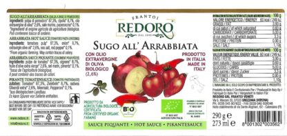 retro etichetta con valori nutrizionali e ingredienti sugo all'arrabbiata Biologico