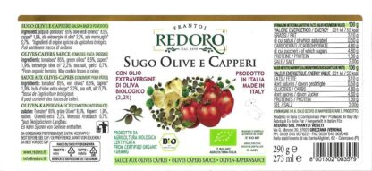 retro etichetta con valori nutrizionali e ingredienti Sugo biologico olive e capperi