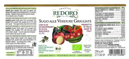 retro etichetta con valori nutrizionali e ingredienti sugo alle verdure grigliate Biologico