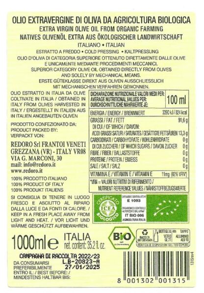 Informazioni Nutrizionali Olio Extravergine Italiano Biologico Redoro Frantoi Veneti