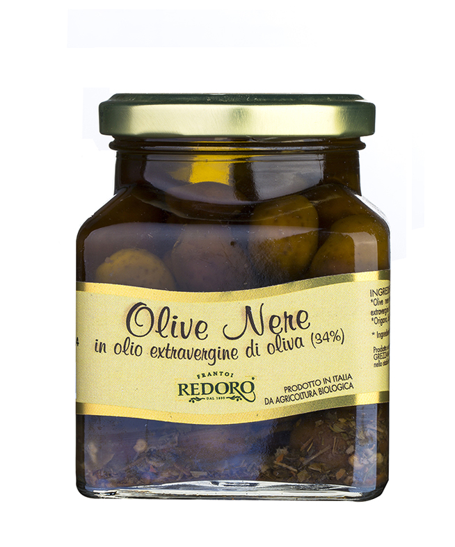 vaso di olive nere sottolio in olio extra vergine Redoro vaso da 280gr