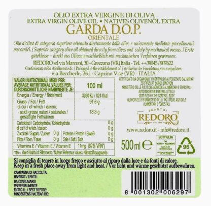 Informazioni nutrizionali Olio Extravergine di oliva Garda DOP Orientale