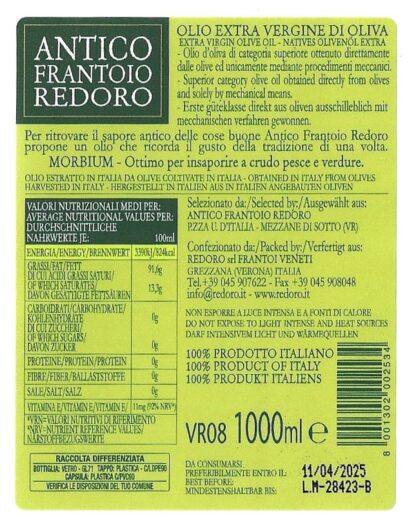 Retro Etichetta con Informazioni Nutrizionali Olio extravergine di Oliva Morbium