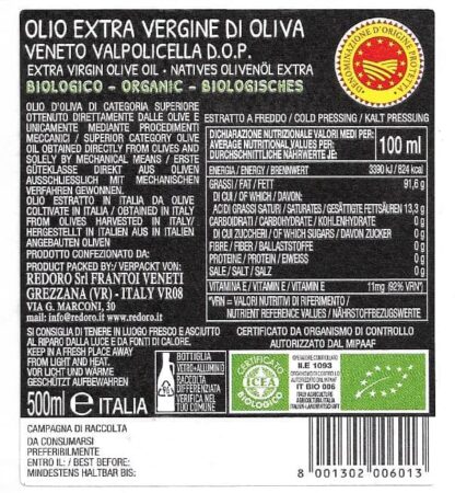 Retro etichetta valori nutrizionali extravergine Veneto Valpolicella DOP Redoro Frantoi Veneti