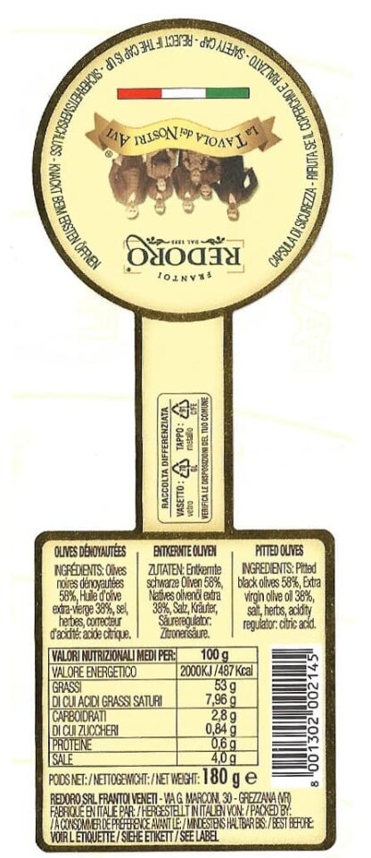 Etichetta Olive Nere Denocciolate Redoro con esposti i valori nutrizionali