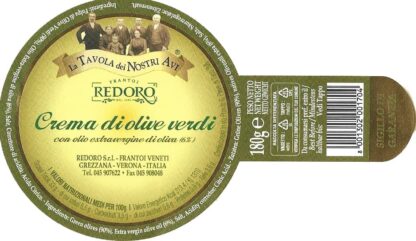 Etichetta Crema Patè di olive verdi Redoro con valori nutrizionali
