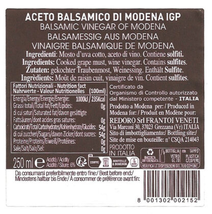Retro etichetta con valori nutrizionali Aceto Balsamico di Modena Redoro