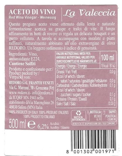 Retro Etichetta e informazioni nutrizionali Aceto di Vino Rosso Redoro Frantoi Veneti