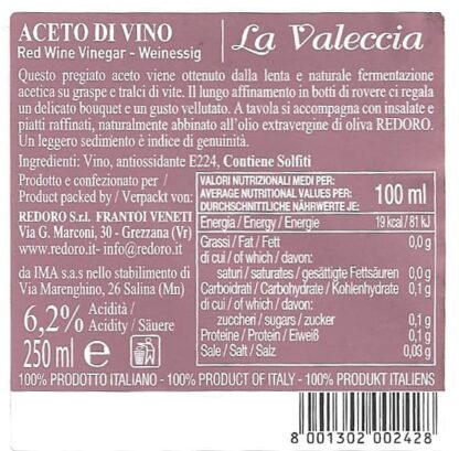 Retro Etichetta con Valori Nutrizionali Aceto di Vino Rosso Redoro