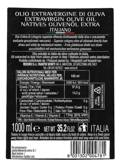 Retro etichetta Olio Extravergine Italiano Redoro linea ORO 1 Litro