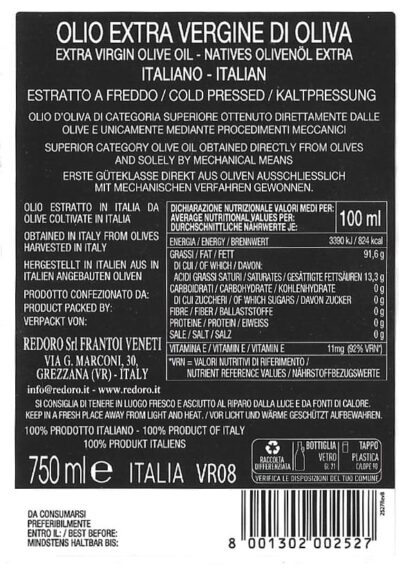 Retro Etichetta Olio extravergine italiano Redoro linea ORO