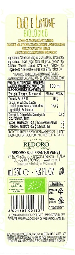 Etichetta e valori nutrizionali per Olio e Limone