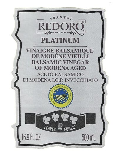 Etichetta Aceto Balsamico Platinum di Redoro Frantoi Veneti