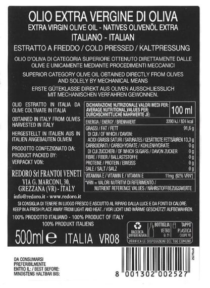 Etichetta extravergine 100% italiano Redoro Frantoi Veneti