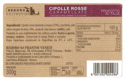 Etichetta Ingredienti Cipolle Rosse Caramellate con Valori Nutrizionali. Redoro Frantoi Veneti