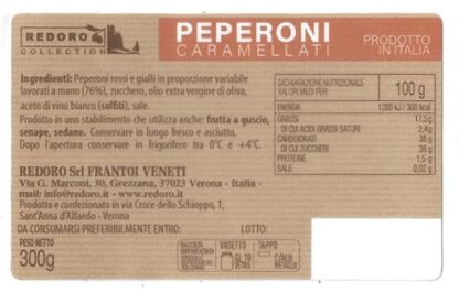 Etichetta ingredienti Peperoni Caramellati Redoro con Valori Nutrizionali