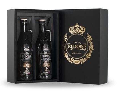 Elegante Confezione Regalo con due bottiglie di olio extravergine di oliva 100% italiano Redoro Frantoi Veneti