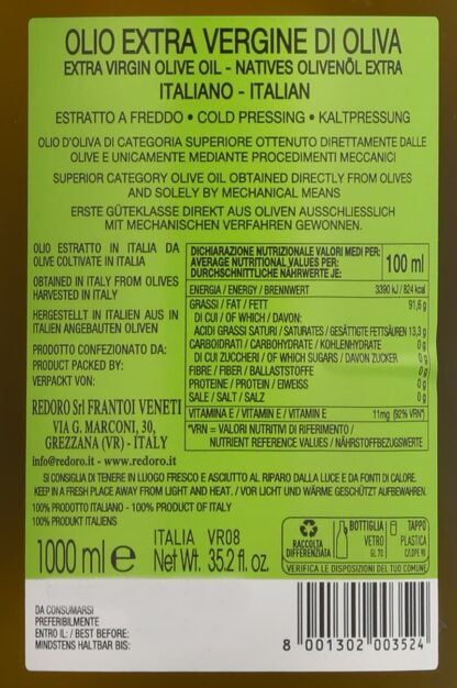 Label Energy Values unfiltered Extra Virgin Olive Oil GARBO